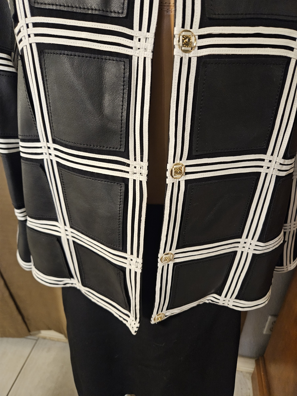 Black and White Windowpane Escada Leather Jacket - Picture 3 of 8